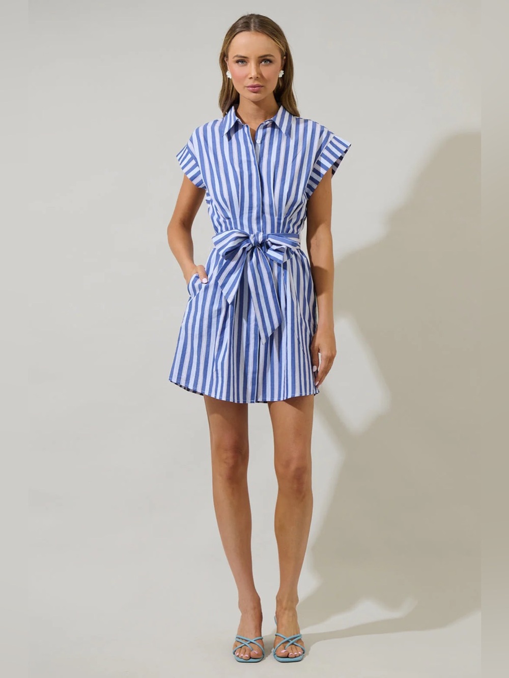 Sugar Lips Blue, Red and White Striped Button Down Tie-Waist Shirt Dress NWT